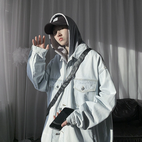 Мужская трендовая модная джинсовая куртка с капюшоном, в корейском стиле, оверсайз, коллекция 2021