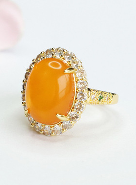 天然琥珀戒指满蜜老蜜蜡指圈指环轻奢女士款礼品气质文雅大气饰品