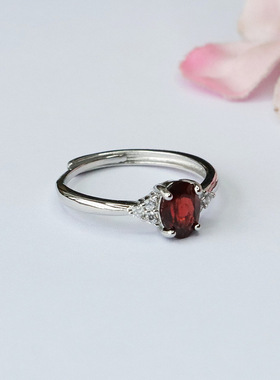 天然酒红石榴石戒指水晶彩宝指环新中式民族风手饰品女士款礼物