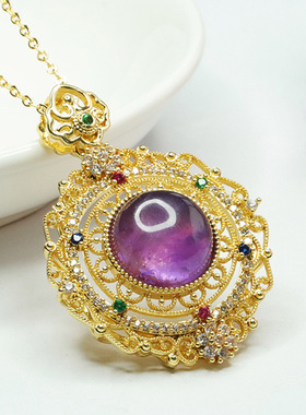 天然紫水晶吊坠紫色宝石巴洛克复古项链女士复古民族风饰品礼物