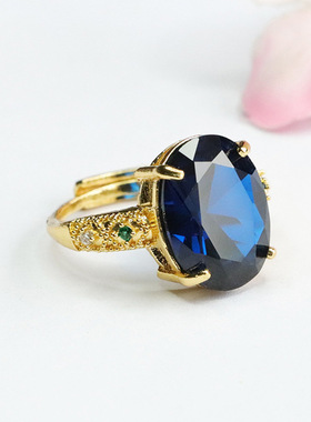 培育尖晶石戒指蓝色宝石指环指圈彩宝女士复古民族风饰品戒圈珠宝