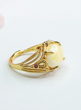 天然蜜蜡戒指白花蜜瓷白琥珀指环新中式民族风手饰品情侣闺蜜礼物