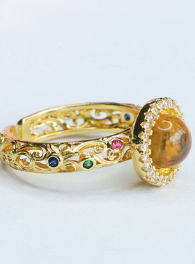 天然琥珀戒指净水蓝珀指环男女士本命年百搭简约玉石饰品个性礼物