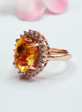 天然琥珀戒指花珀太阳花指环指圈首饰甜美可爱少女风时尚饰品礼品