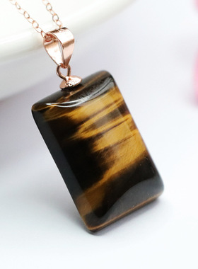 S925银镶虎眼石无事牌水晶项链勇气石平安牌男女吉祥纳福礼物饰品