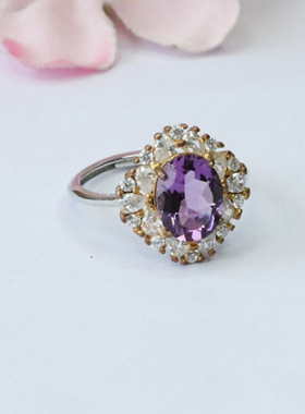 S925银镶天然紫水晶蛋面戒指紫色彩宝指环女士款礼品气质文雅饰品