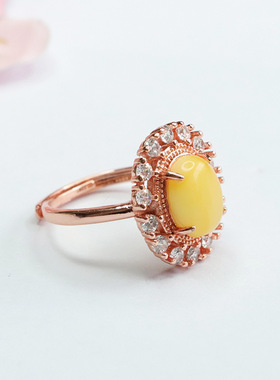 天然蜜蜡戒指满蜜鸡油黄琥珀指环男女士复古民族风饰品节日礼物