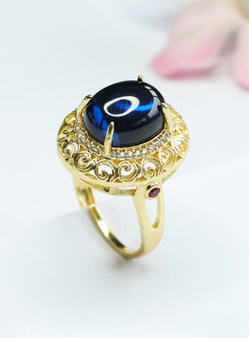 培育尖晶石戒指蓝色彩宝如意纹指环新中式民族风手饰品戒圈礼物
