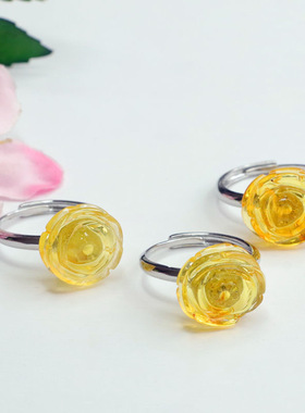 天然琥珀戒指蜜蜡鸡油黄玫瑰牡丹花女士款礼品气质文雅大气饰品