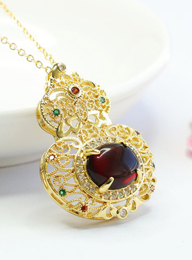 天然琥珀吊坠血珀葫芦项链复古珠宝女士款礼品气质文雅大气饰品