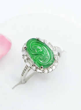 S925银镶天然A货翡翠冰种帝王绿如意戒指玉石女士气质简约手饰品