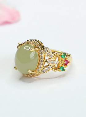 天然和田玉戒指晴水满钻三叶草玉石指环指圈女士款礼品气质饰品