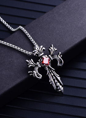 2025个性创意饰品男士复古钛钢镶宝石龙形吊坠双龙十字架项链