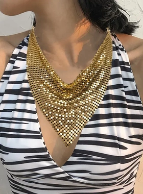 欧美性感亮珠片丝巾设计感领式项链耳坠套装个性夸张巾锁骨链