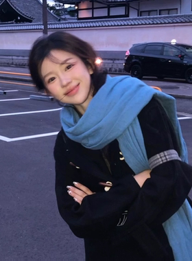 蓝色流苏围巾女保暖防寒围脖
