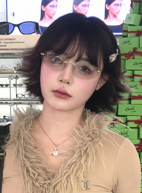 复古新浪潮高级质感Y2K太阳眼镜女金属无边框90年代时髦猫眼墨镜