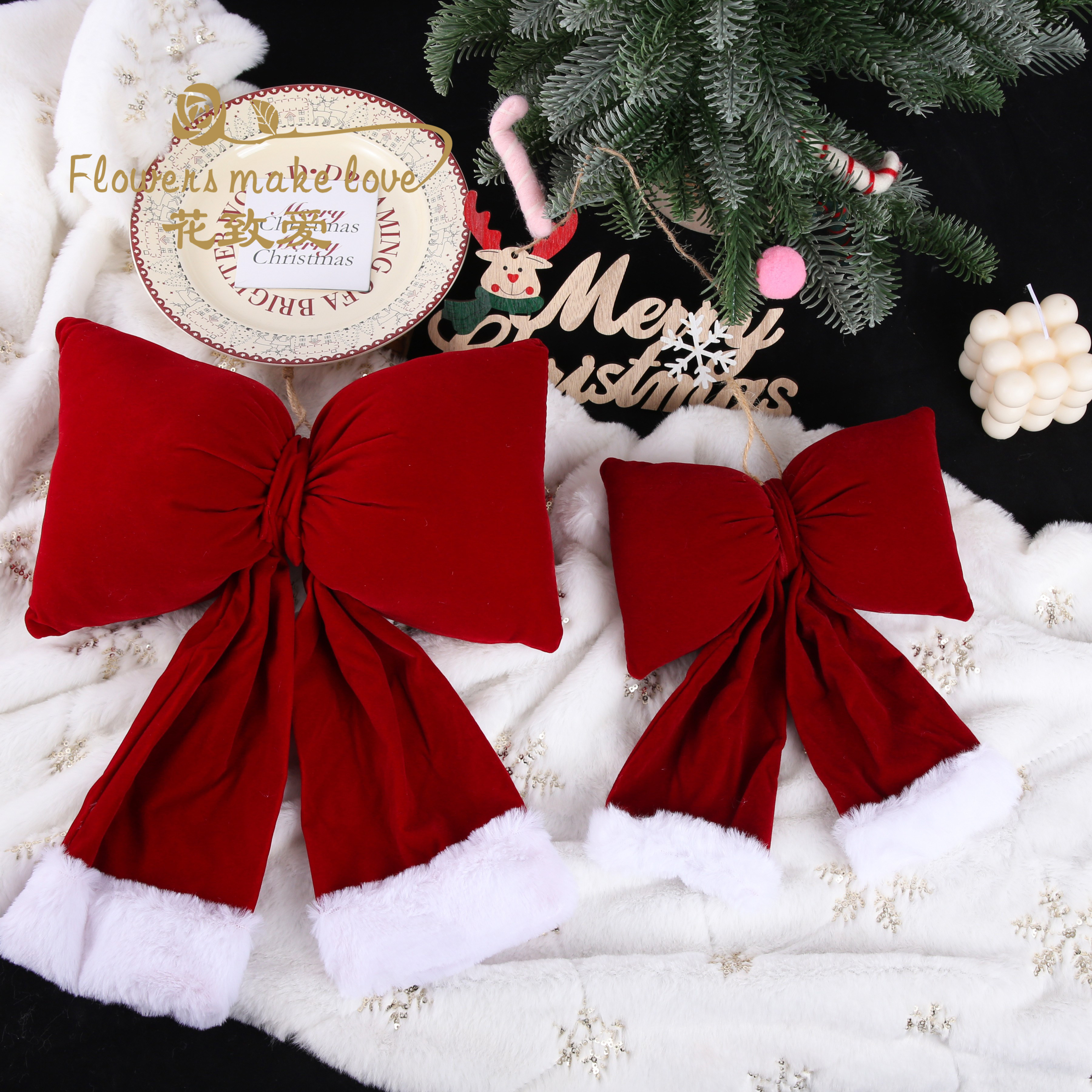 圣诞节装饰高档绒布立体红色蝴蝶结圣诞树装饰节日氛围布置花资材,淘宝优惠券,粉丝福利购,淘宝优惠卷