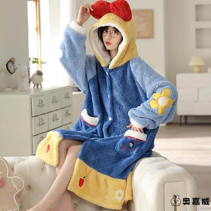 女士浴袍洗澡专用吸水不掉毛珊瑚绒睡袍长款睡衣加绒宽松甜美卡通,淘宝优惠券,粉丝福利购,淘宝优惠卷