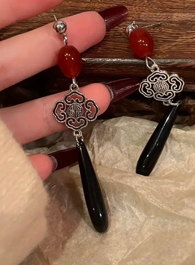 新中式红色水滴耳环女古风汉服旗古典耳钉长款流苏耳坠马面裙耳饰