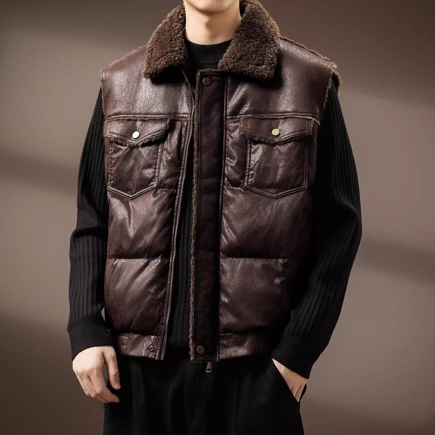 大码裂纹皮加厚羊羔绒翻领棉衣马甲男士外套秋冬美式保暖棉服背心,淘宝优惠券,粉丝福利购,淘宝优惠卷