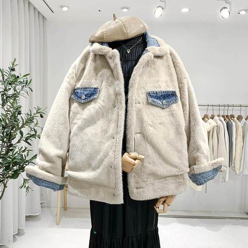 牛仔外套女加绒加厚冬新韩版宽松仿兔毛炸街别致棉服Winter coat - 图3