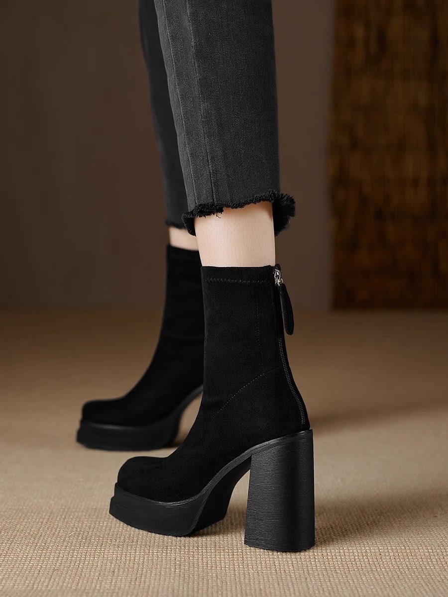 弹力瘦瘦靴粗跟短筒新款时尚百搭高跟鞋2026秋冬季袜靴厚底女靴子,淘宝优惠券,粉丝福利购,淘宝优惠卷