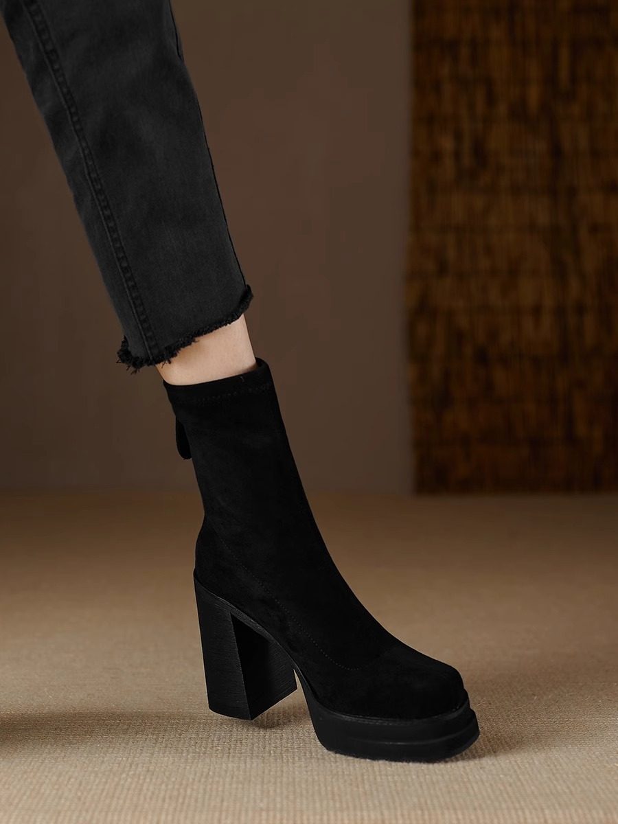 弹力瘦瘦靴粗跟短筒新款时尚百搭高跟鞋2026秋冬季袜靴厚底女靴子,淘宝优惠券,粉丝福利购,淘宝优惠卷