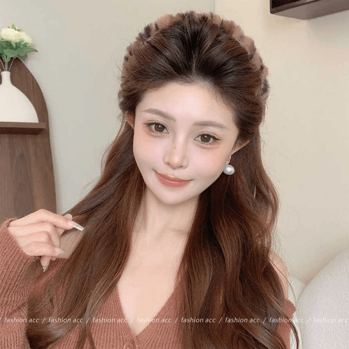 秋冬气质豹纹毛绒发箍女带齿洗脸压发头箍高颅顶防滑蓬松纹理发捆 - 图0