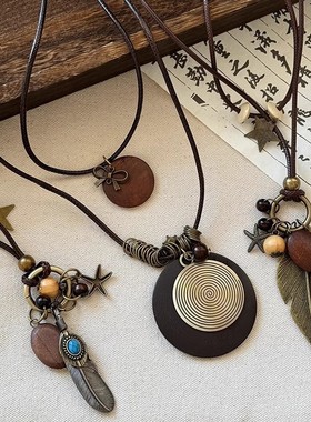 新中式禅意长款毛衣项链女双层复古民族风串珠颈链羽毛锁骨链配饰