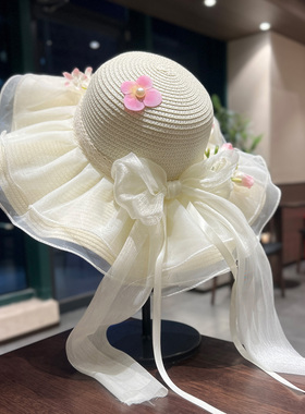 蕾丝蝴蝶结大帽檐沙滩草帽女2026春夏新款海边遮阳防晒太阳帽子潮