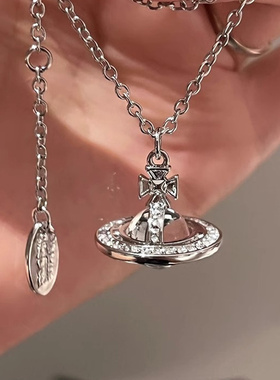 银色土星吊坠项链女轻奢