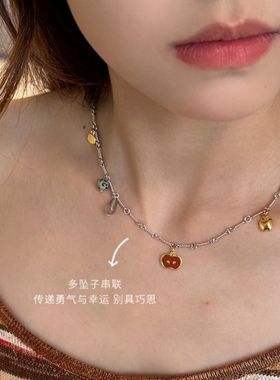 MARSEVEN 闪光派对系列红石小苹果麻花边多坠子项链高级感锁骨链