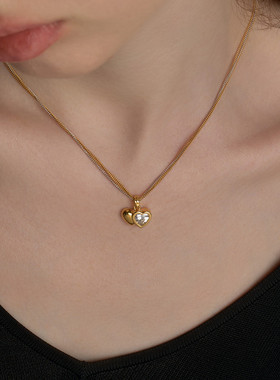 MARSEVEN 闪光的心2系列金色双爱心锆石项链S925银轻奢气质锁骨链