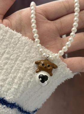 MARSEVEN 董生活推荐小狗系列手绘爱心珍珠小狗项链珐琅原创设计