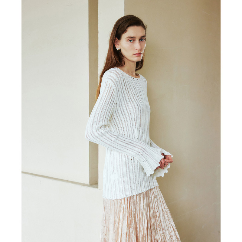 LYNEE【旧时光】慵懒竖条纹镂空针织上衣一字领长袖套头针织衫,淘宝优惠券,粉丝福利购,淘宝优惠卷