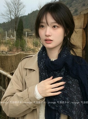 复古文艺感蓝色碎花棉麻围巾