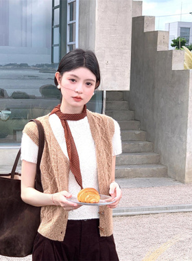 韩系复古美拉德焦糖色波点丝巾