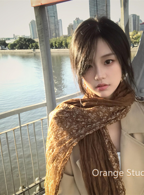 古着文艺感棕色碎花拼接围巾