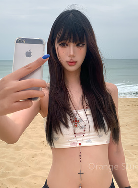 哥特辣妹风红色十字架串珠项链