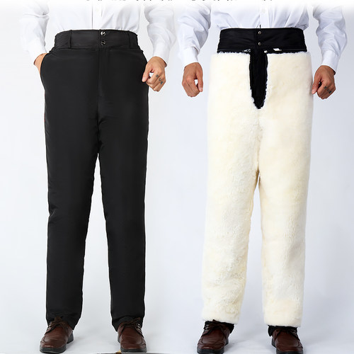 冬季中老年皮毛一体纯羊毛裤子男士加厚保暖羊皮裤高腰棉裤防寒裤 - 图1