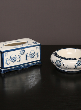 新中式创意陶瓷彩绘纸巾盒烟灰缸摆件客厅茶几样板间青花瓷抽纸盒