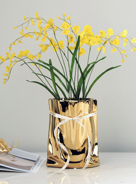 电镀银色褶皱纸袋陶瓷金色花瓶郁金香跳舞兰插花花器茶几组合摆件