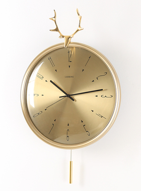 北欧轻奢黄铜鹿头钟表摆件家居客厅卧室餐厅创意静音时钟挂钟摆设