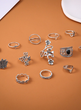 Cross-border hot Lotus Black Stone ring set热销流行戒指14件