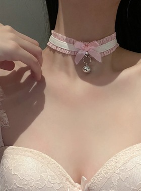 粉色项圈手作粉白色蕾丝蝴蝶结铃铛choker项圈cosplay配件带铃铛