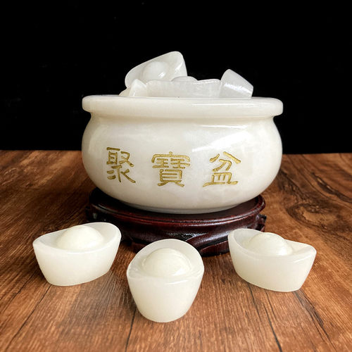 天然白玉聚宝盆摆件玉石元宝聚宝盆一套送底座玄关办公室财位摆放 - 图2