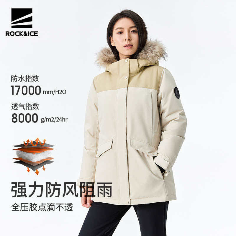 ROCKICE粉色羽绒服女冬季新款真毛领加厚外套户外防风防水派克服,淘宝优惠券,粉丝福利购,淘宝优惠卷