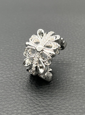 ODEK高级感白金色镶钻开口十字花戒指男女不掉色小众高级感男士