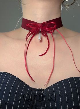 性感辣妹优雅丝带水晶蝴蝶结项链甜美淑女气质时尚高级感锁骨链