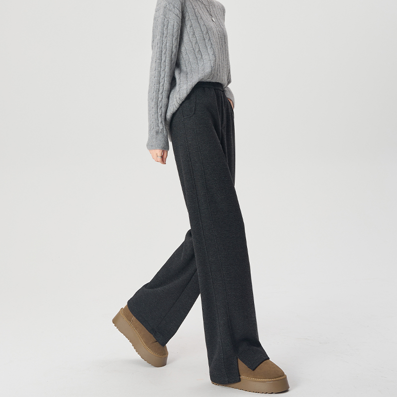 大码醋酸阔腿裤女秋冬季2025新款加绒直筒窄版垂感人字纹毛呢裤子 - 图1